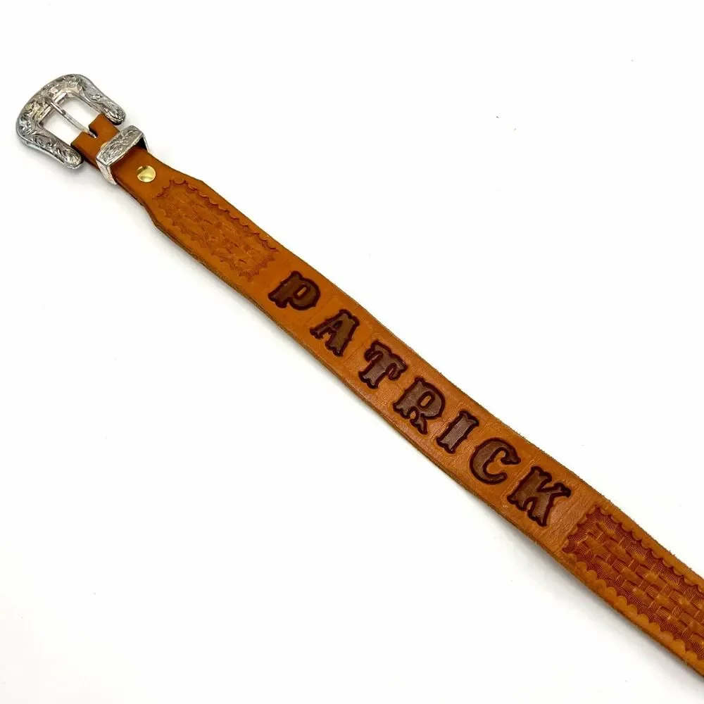 Patrick Boys Hand Tooled Leather Western Name Belt 22 Tan Basketweave Cowboy